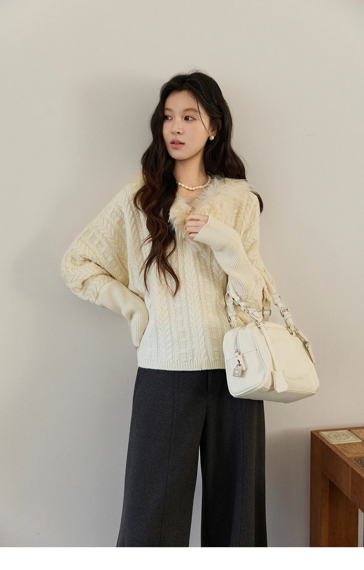 Mishow Faux Fur Collar Batwing Cable Knit Pullover MXE94Z2985