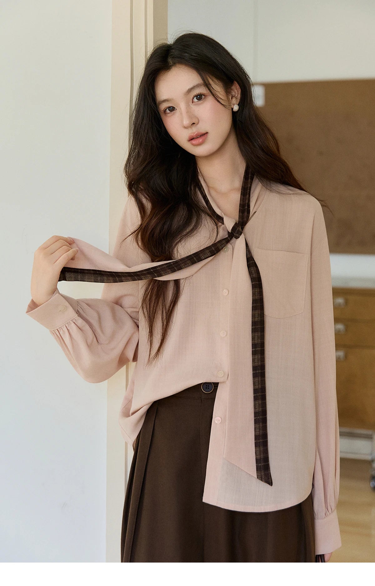 MISHOW Dusty Pink Shirt Plaid Tie Neck Lantern Sleeve MXF108C0817