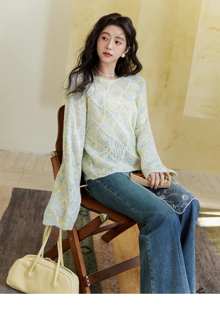 Mishow Hollow Dropped Shoulder Hem Wavy Edge Sweater MXE14Z1208