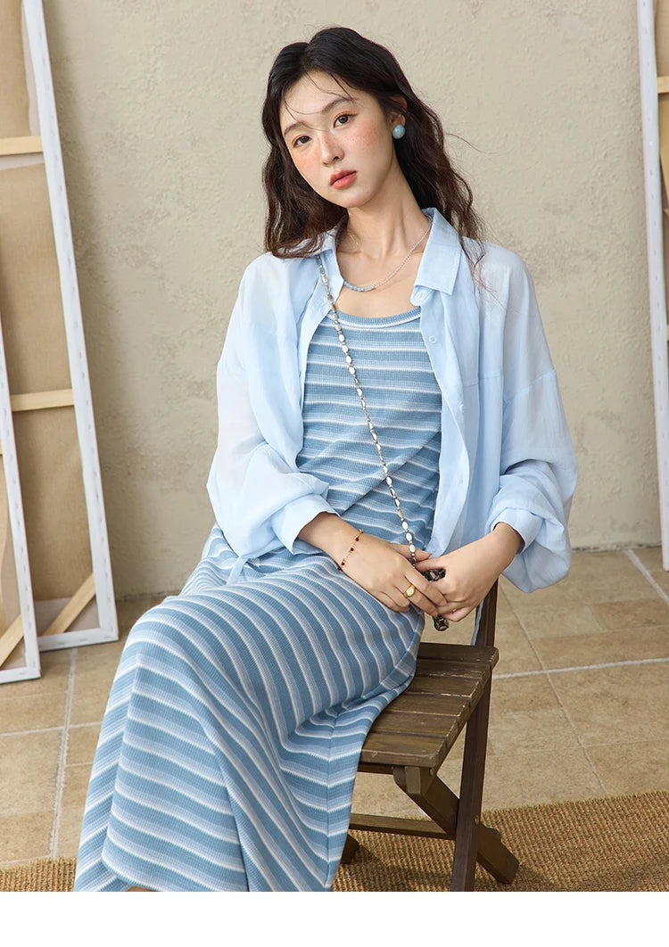 Mishow Blue Striped Camisole Dress & Lyocell Shirt Set MXE34L2285