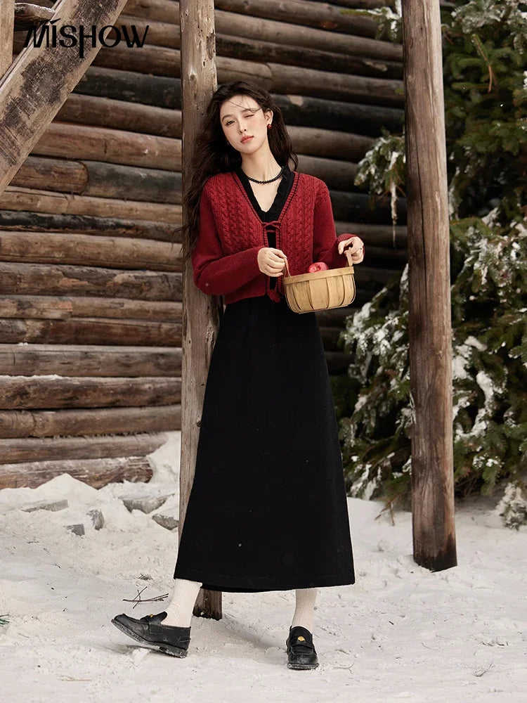 Mishow Red Knitted Cardigan & V-Neck Midi Dress Set MXD58L2085