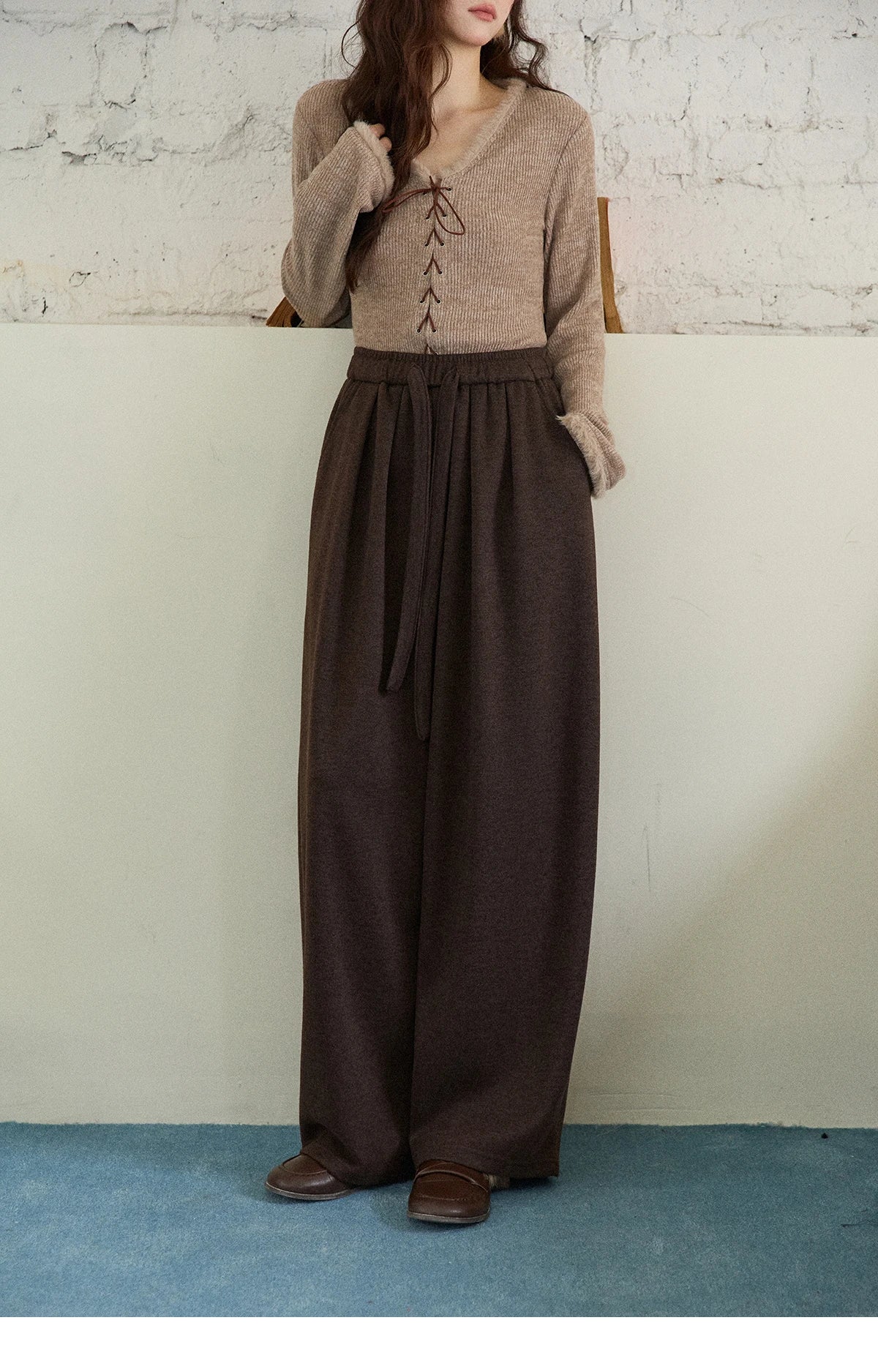 MISHOW Brown Wide-Leg Pants Thickened Drawstring Waistband MXE87K1126