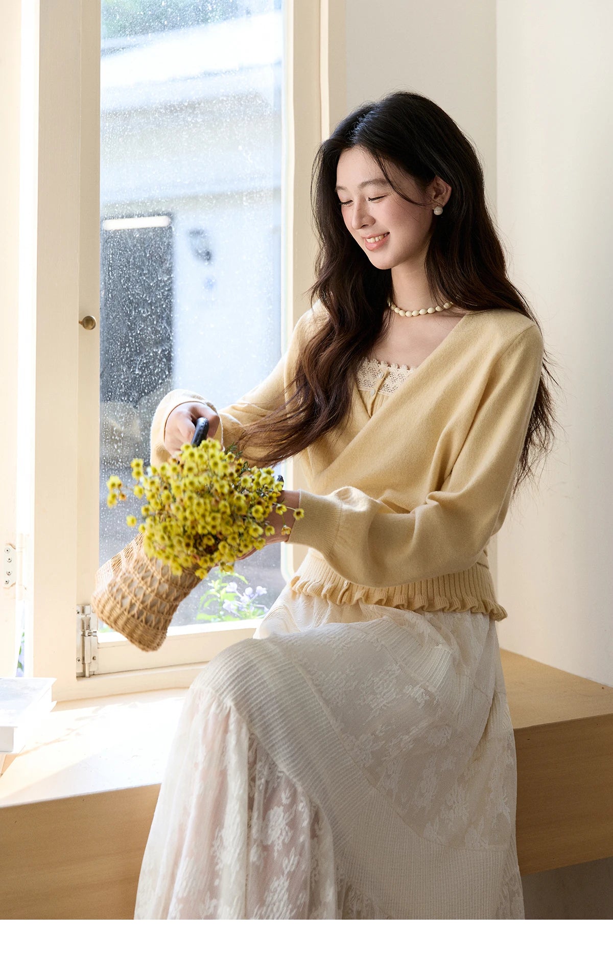 Mishow Yellow Ruffled Camisole & Lace Cardigan Set MXF11T1472