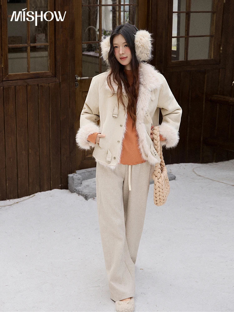 Mishow Faux Fur Lapel Short Coat with Plush Bag MXE91W1000