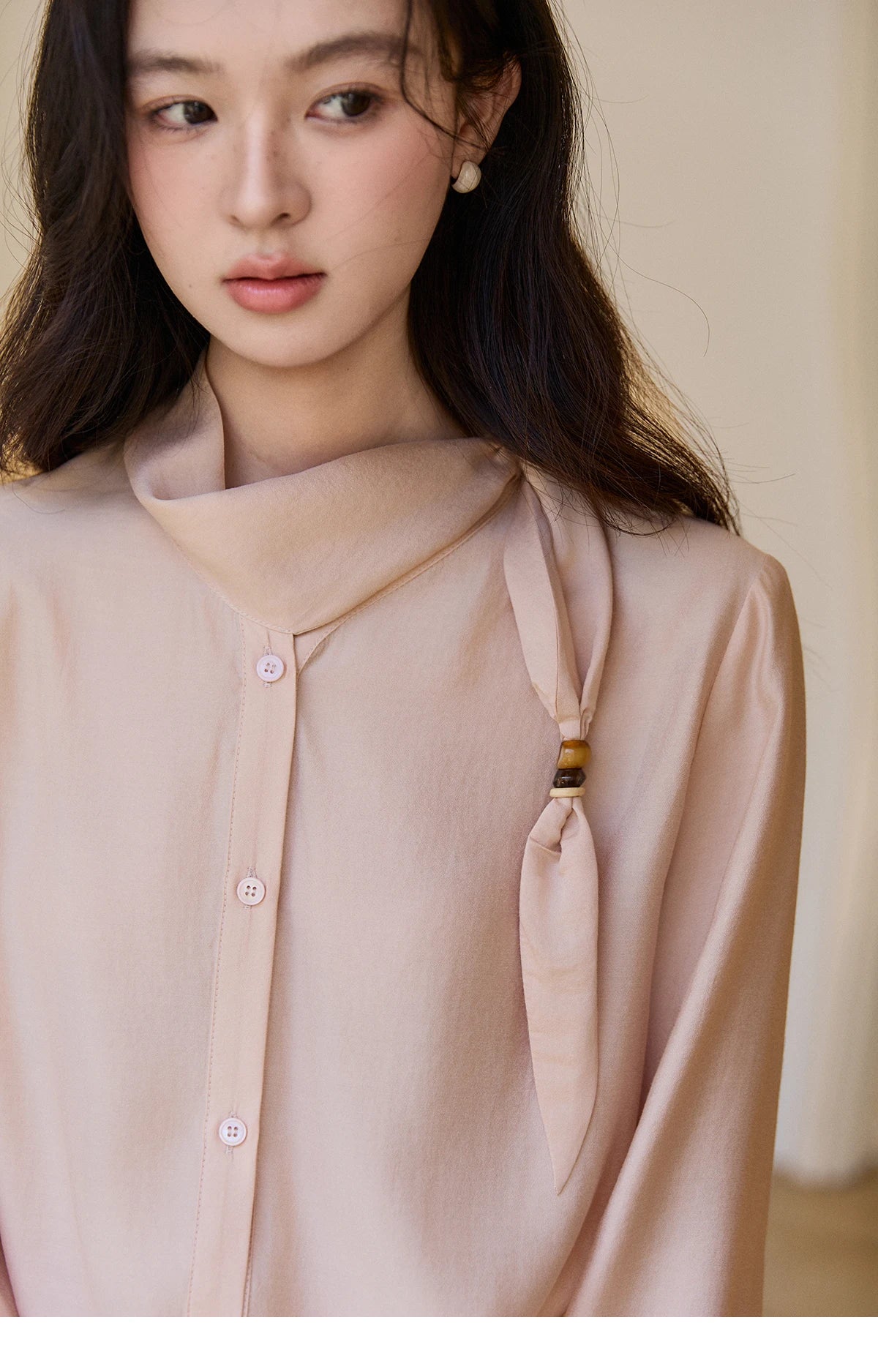 MISHOW Nude Pink Ribbon Stand Neck Shirt Button-Down MXE11X2547