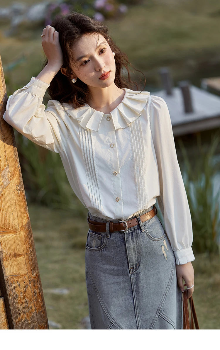 MISHOW Tucker Pleats Doll Neck Shirt Ruffled O Neck MXE12C0401