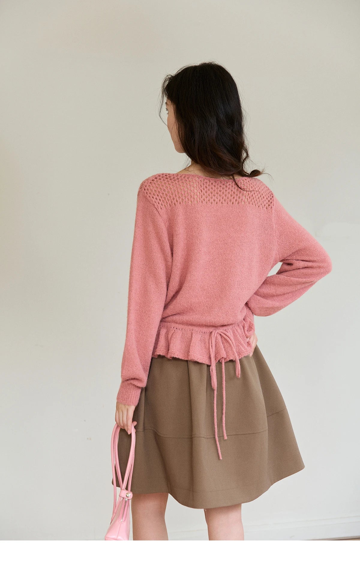 Mishow Pink Hollow Floral Ruffled Hem Sweater MXE94Z2865