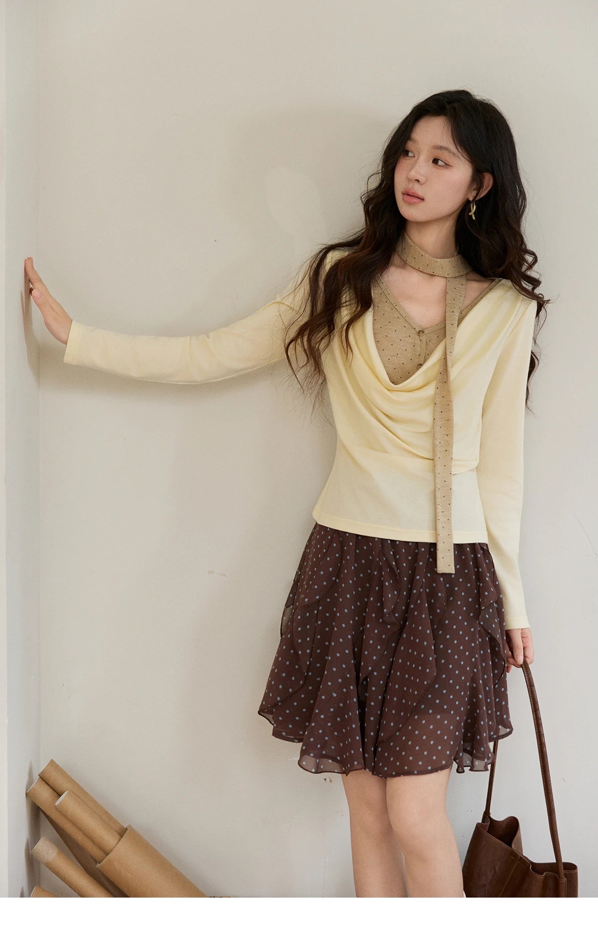 Mishow Wool Blend Fake Two Piece Draped Neck Top MXF13Z2977