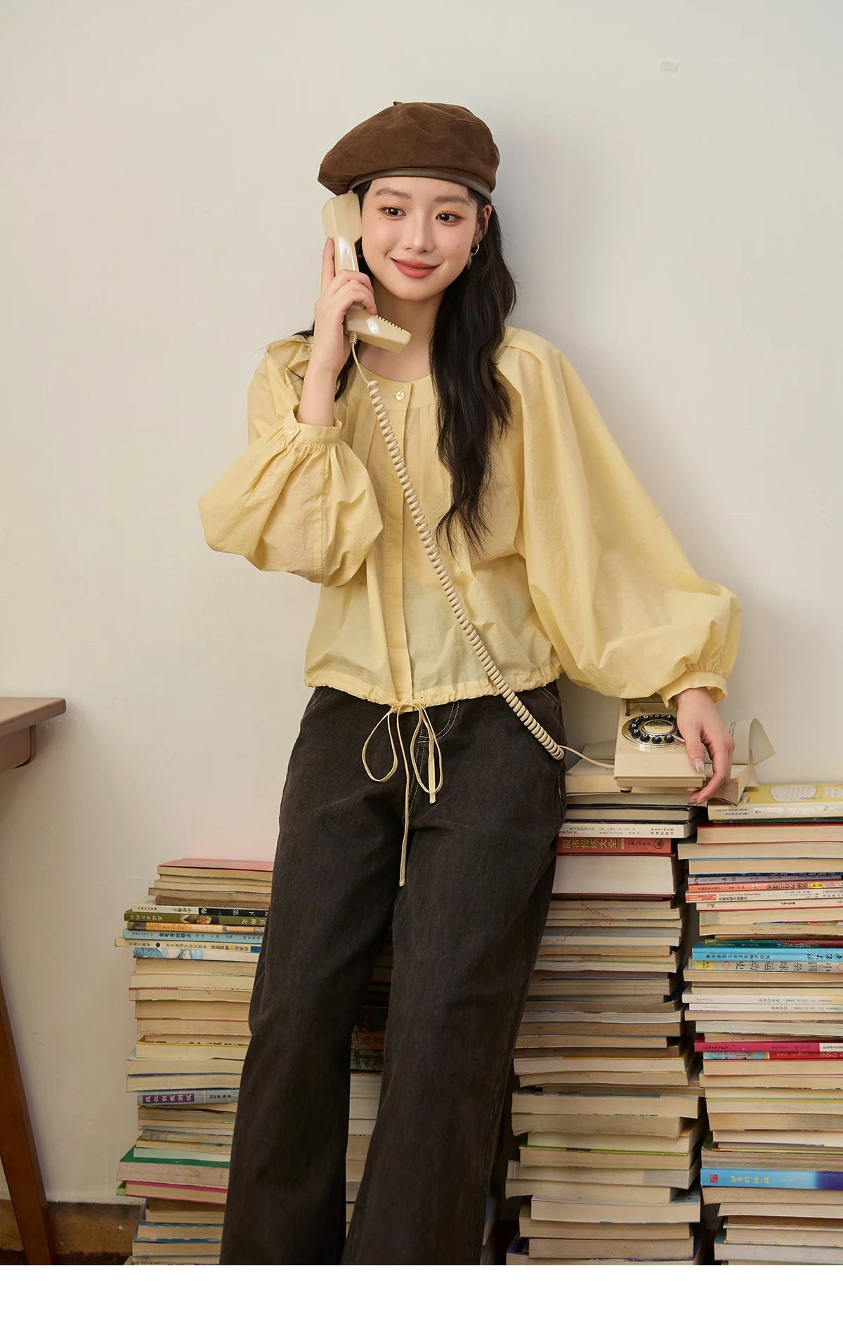 MISHOW Light Yellow Pleated Shirt Drawstring Hem Lantern Sleeve MXE45X2490