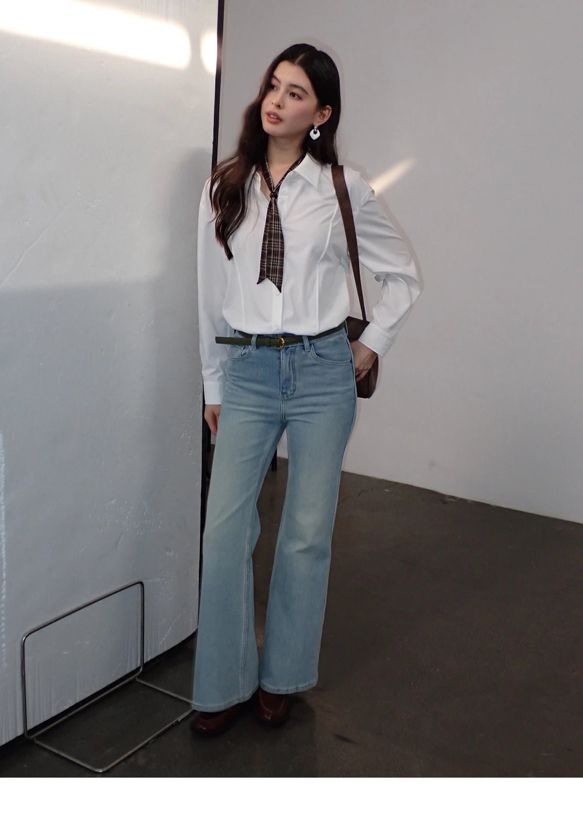 MISHOW Casual Loose Shirt with Plaid Scarf Lapel Top MXF108C0815