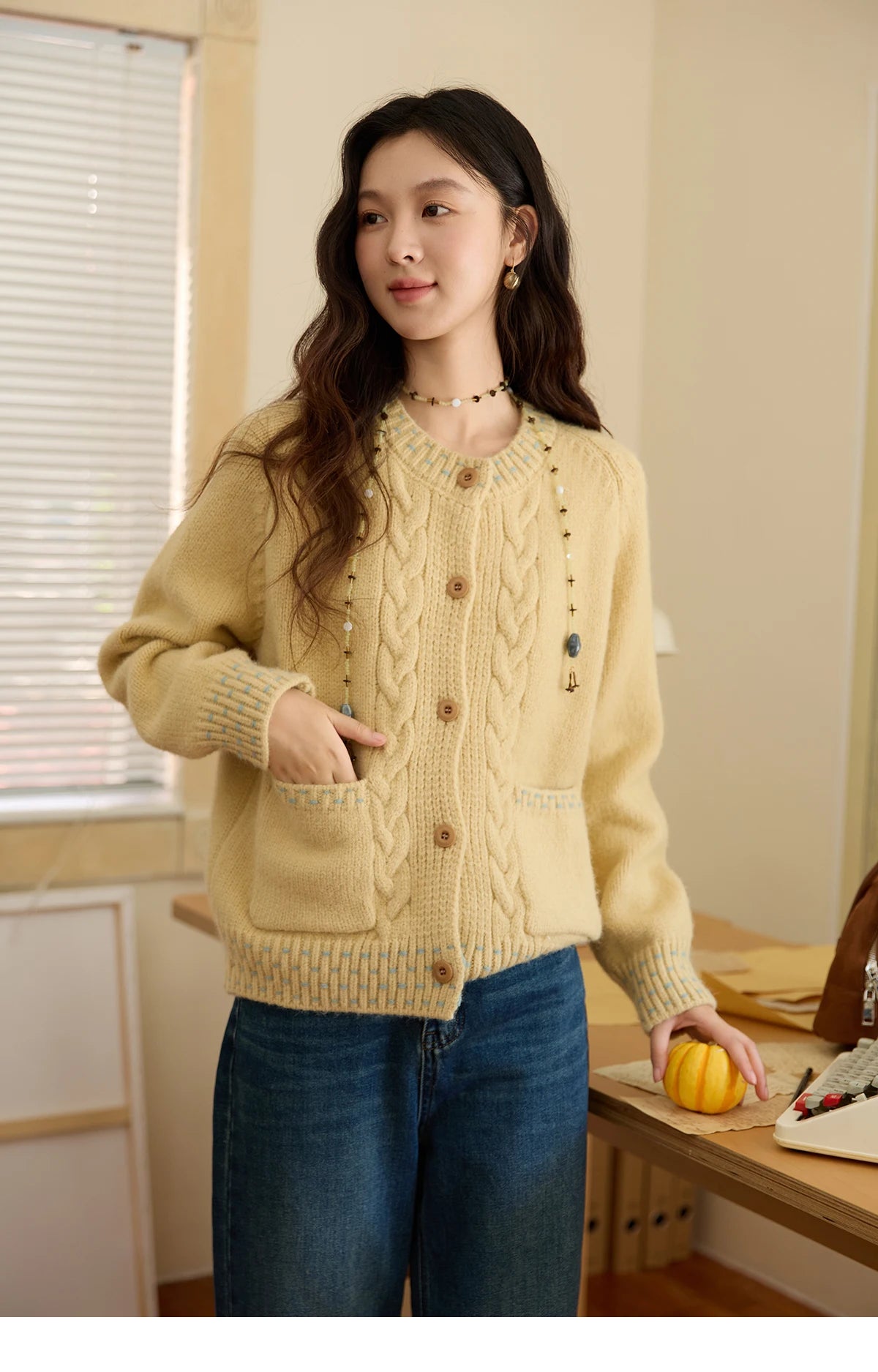 Mishow Yellow Cable Knit Hand-Drawstring Cardigan MXE47Z2566