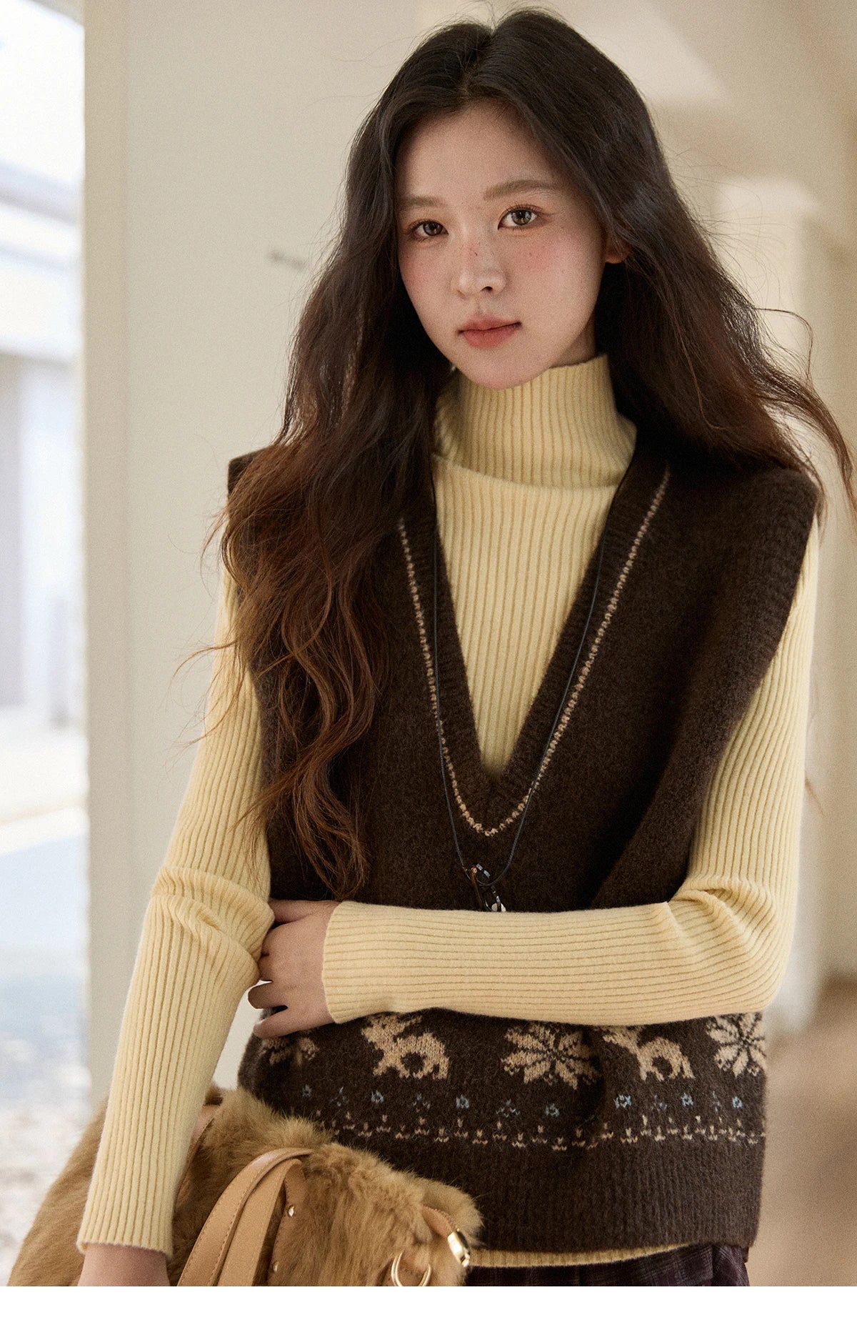 Mishow Retro Brown Jacquard V-Neck Sweater Vest MXE86Z2659