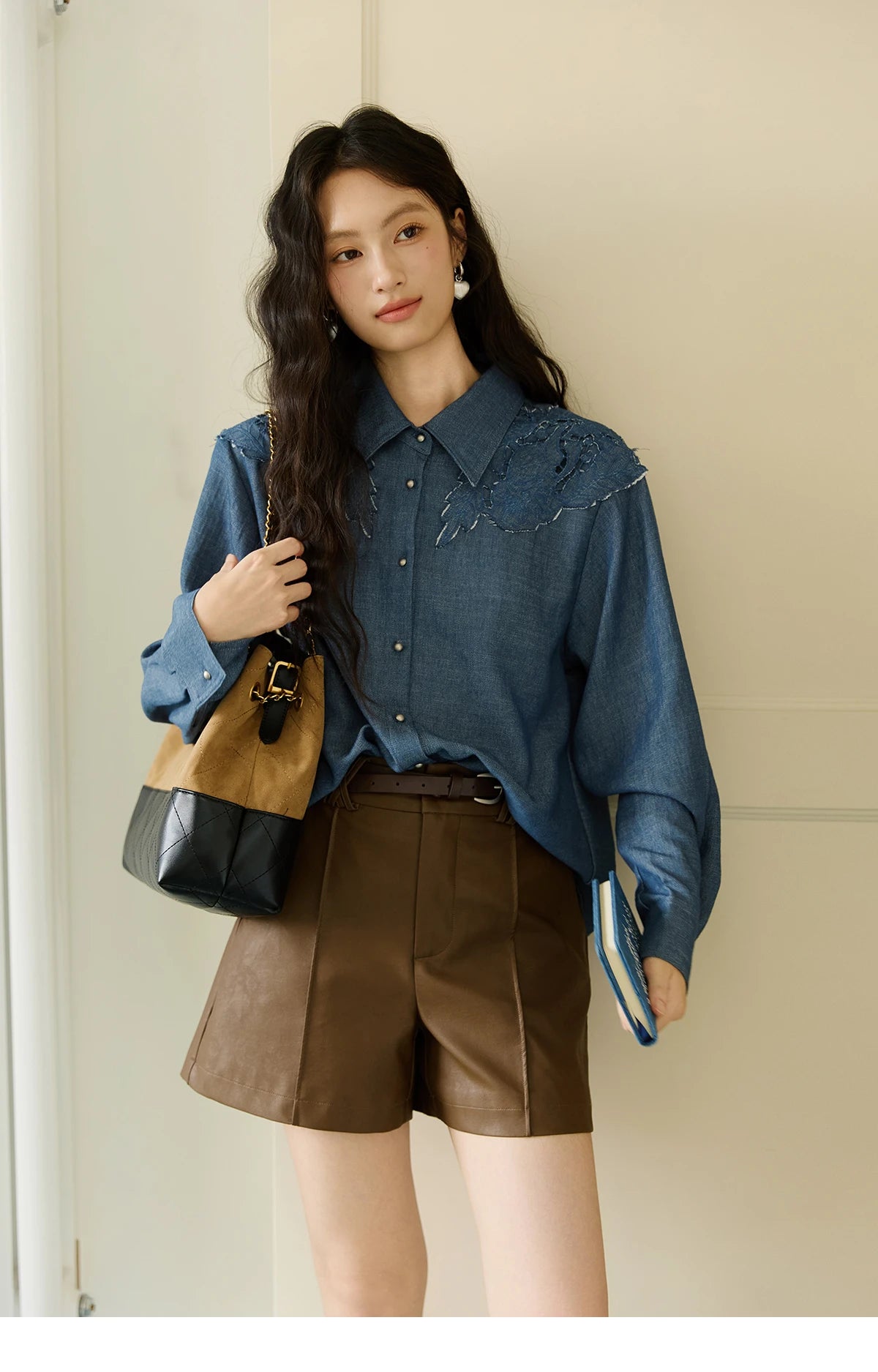 MISHOW Blue Shirt Hollowed Out Patchwork Embroidery Imitation Denim MXE46C2410