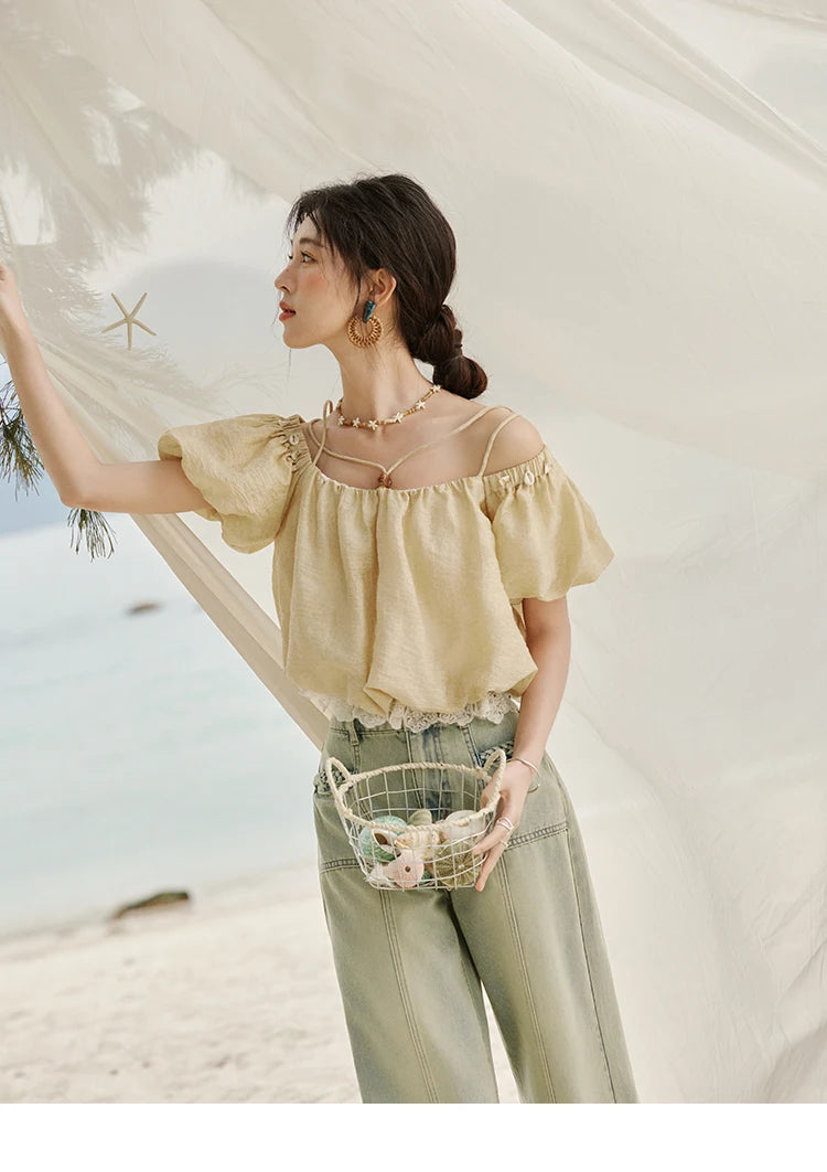 MISHOW French Camisole Shirt Off-Shoulder Lace Puff Sleeve MXE33X1755