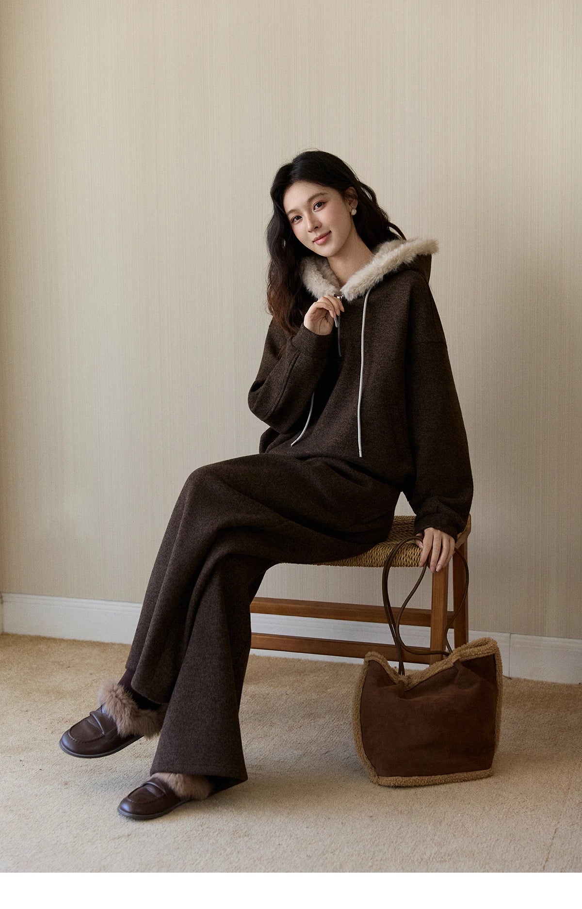 Mishow Brown Faux Fur Hood Sweatshirt & Wide Leg Pants Set MXE94T1476