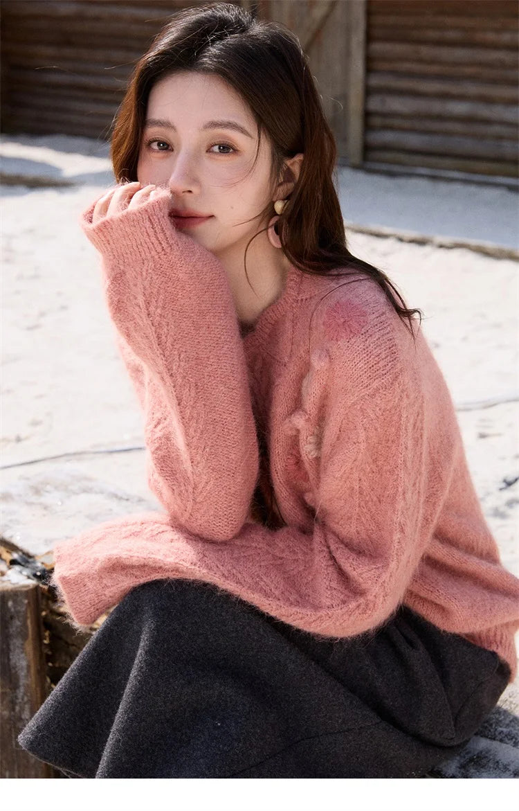 Mishow Raspberry Pink Floral Pom-Pom V-Neck Sweater MXE86Z2740