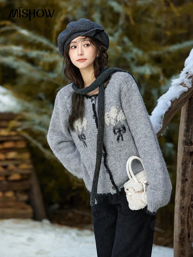 Mishow Wool Blend Bouquet Embroidery Color Clash Cardigan MXD54Z0951