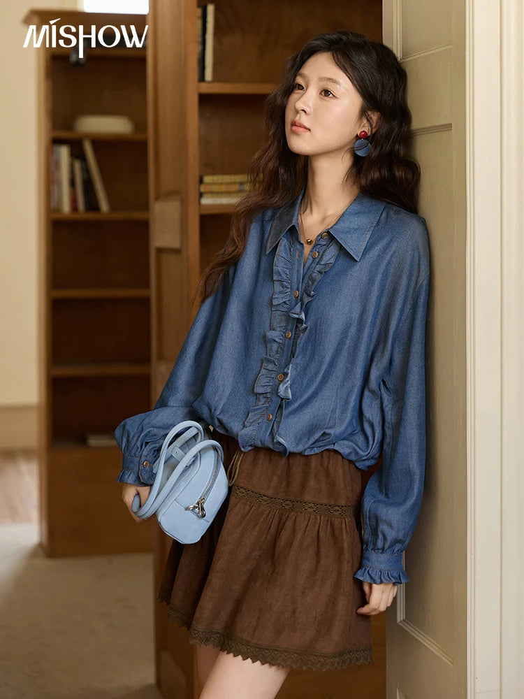 MISHOW Blue Lyocell Denim Shirt Ruffled Placket Waist Cinc MXE43C2386