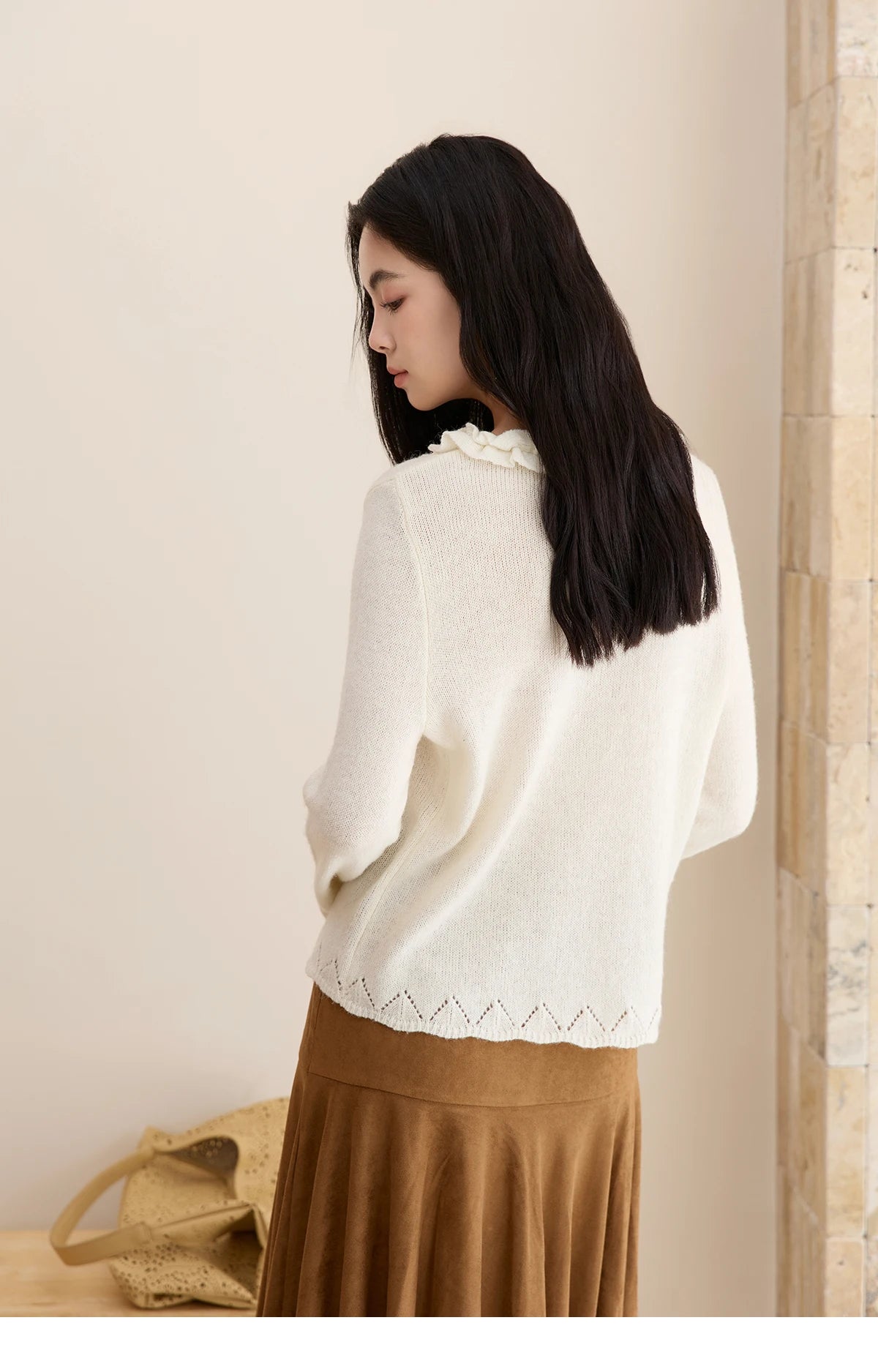 Mishow Beige V-Neck Wood Ear Hollow Sweater MXE51Z2595