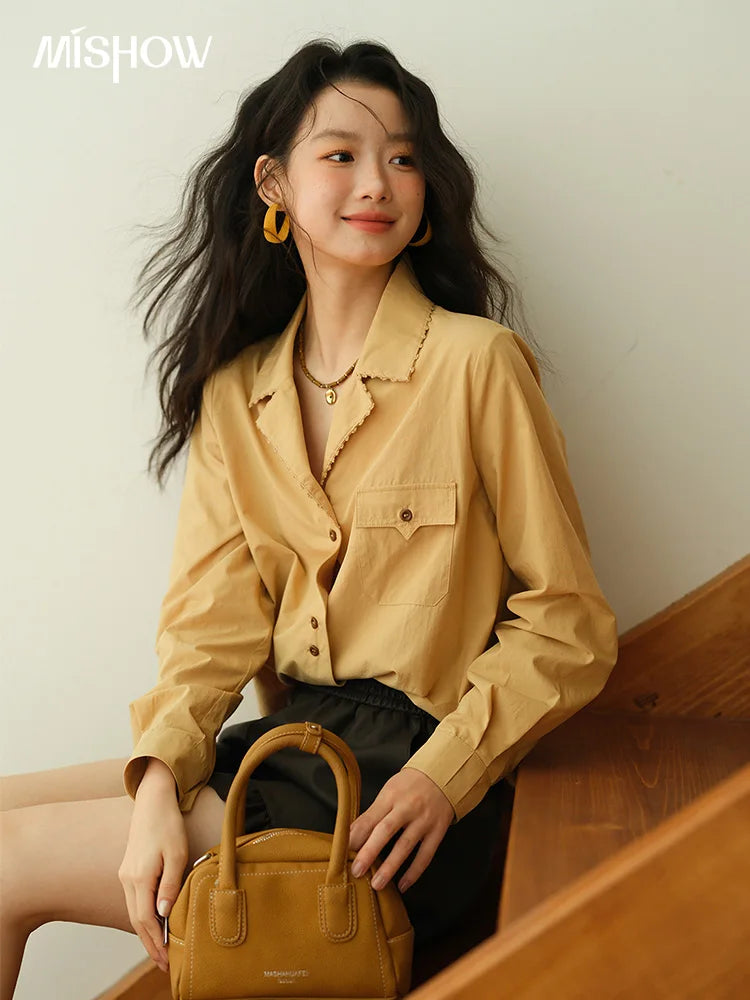 MISHOW Yellow Lapel Cotton Shirt Contrast Button Pocket MXE41C2356
