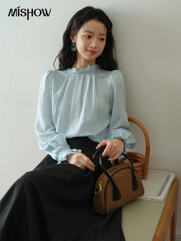MISHOW Blue Jacquard Blouse Stand Collar Bubble Sleeves MXE41X1934