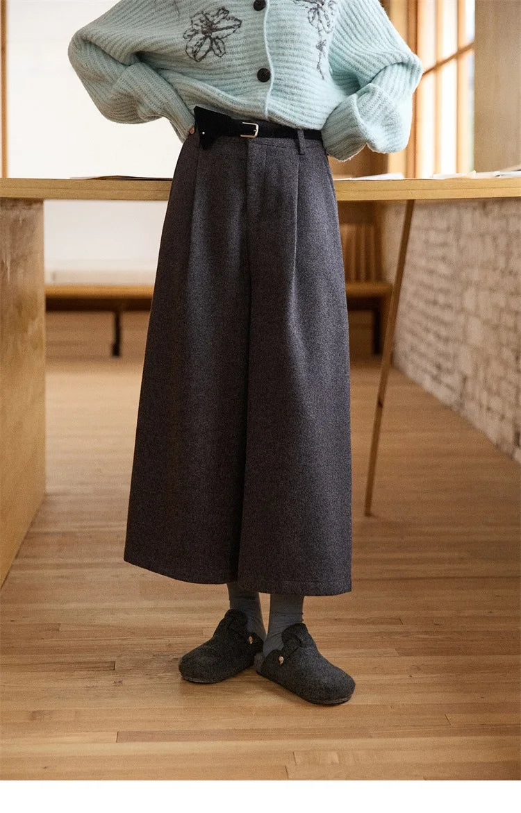 MISHOW Gray Wool Wide-Leg Pants High-Waisted Cropped MXE90K1128