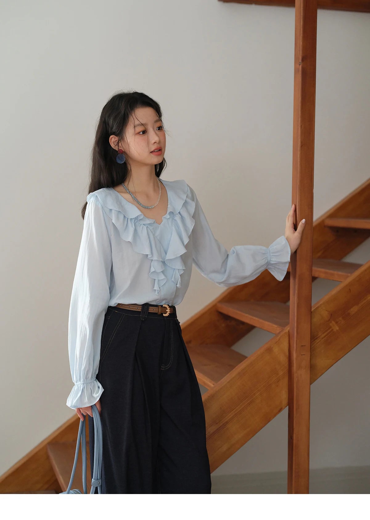 MISHOW Blue Lyocell Ruffled Shirt Flared Sleeves MXE41X1969