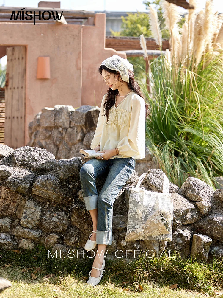 MISHOW Jacquard Lace V-Neck Blouse Ruffled Wavy Puff Sleeve MXE12C0397