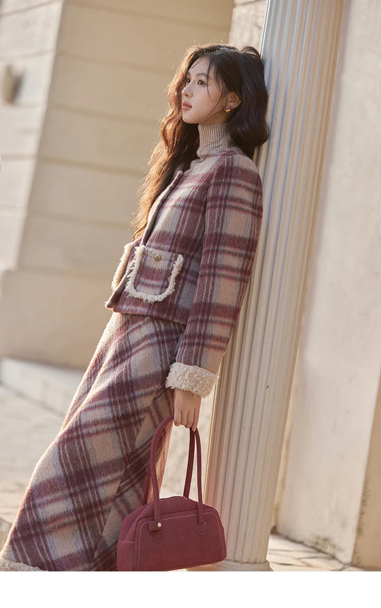 Mishow Plaid Tweed Jacket & Midi Skirt Set MXD54W0562