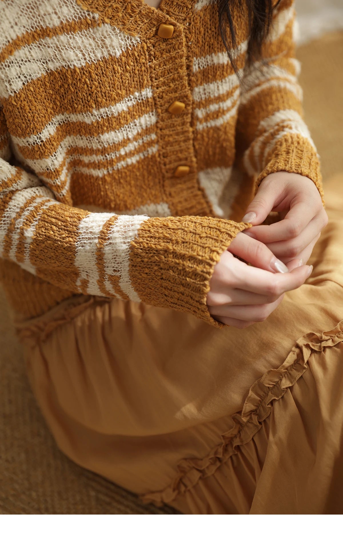 Mishow Retro Yellow Striped V-Neck Cardigan MXE44Z2516