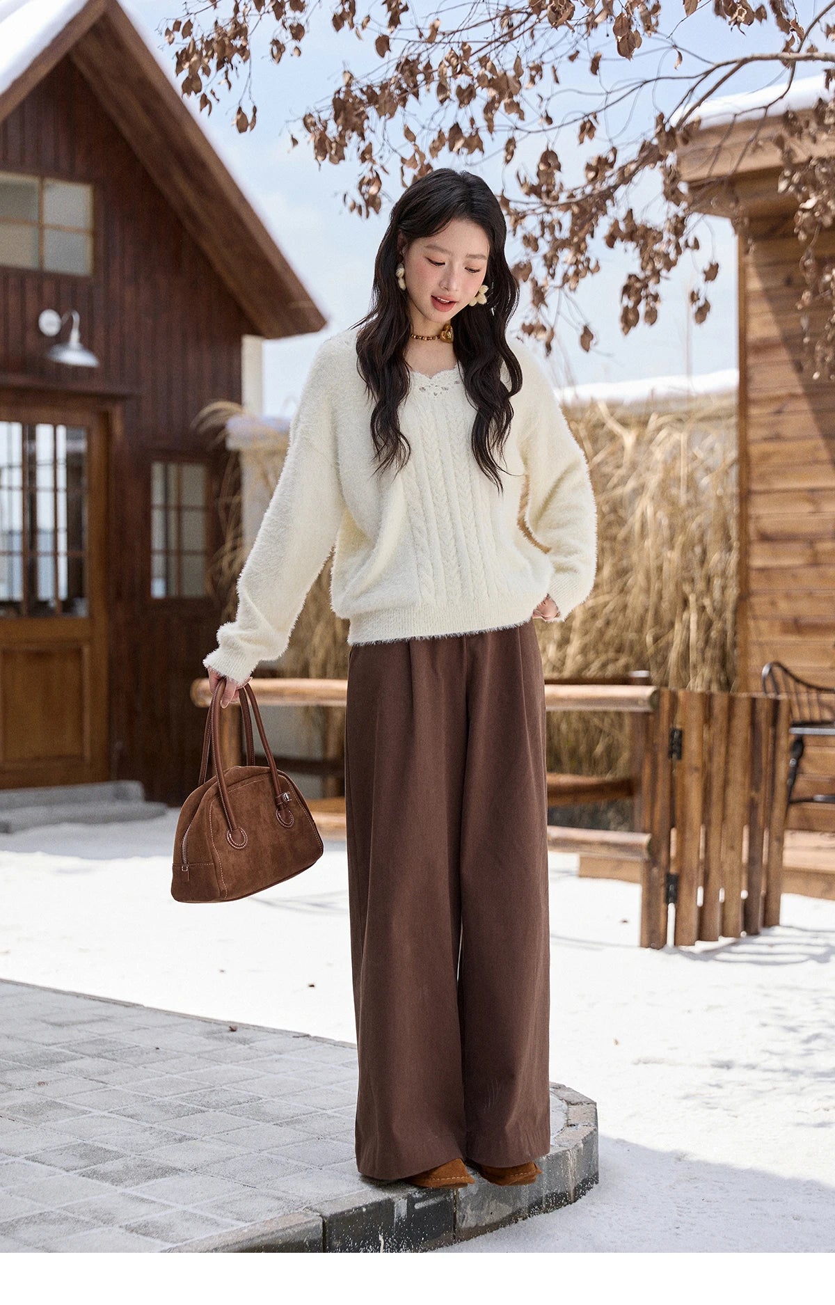 Mishow Apricot Soft V-Neck Cable Knit Pullover MXE51Z2594