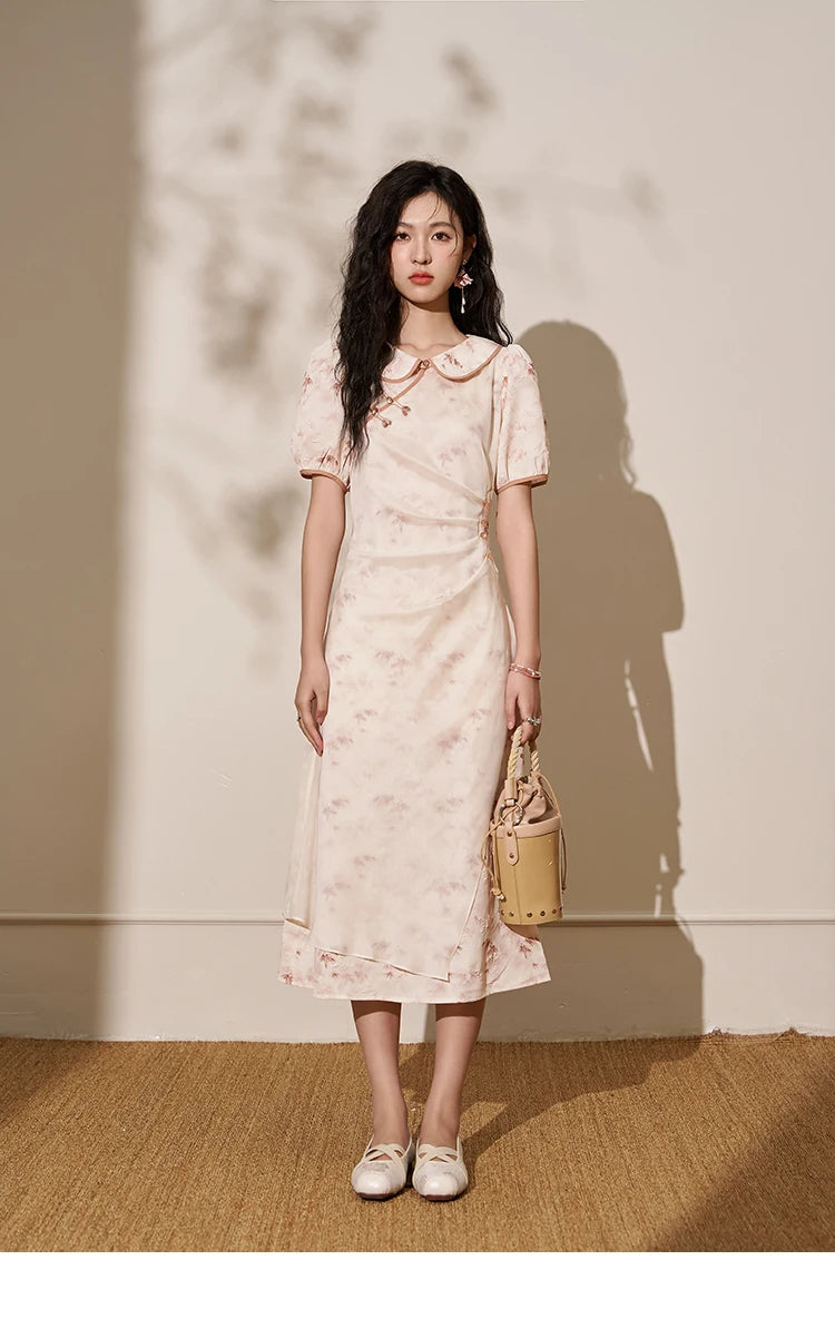 Mishow Chinese Doll Collar Pink Bamboo Print Dress MXD22L1829