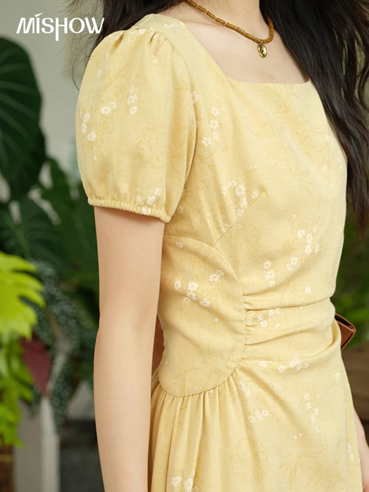 Mishow Square Neck Puff Sleeve Bamboo Jacquard Dress MXE39L2415
