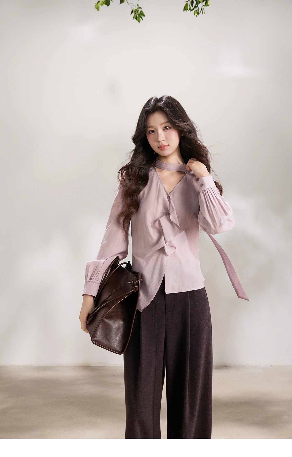 MISHOW Women's Purple Ribbon V-Neck Ruffled Shirt MXF13X2527