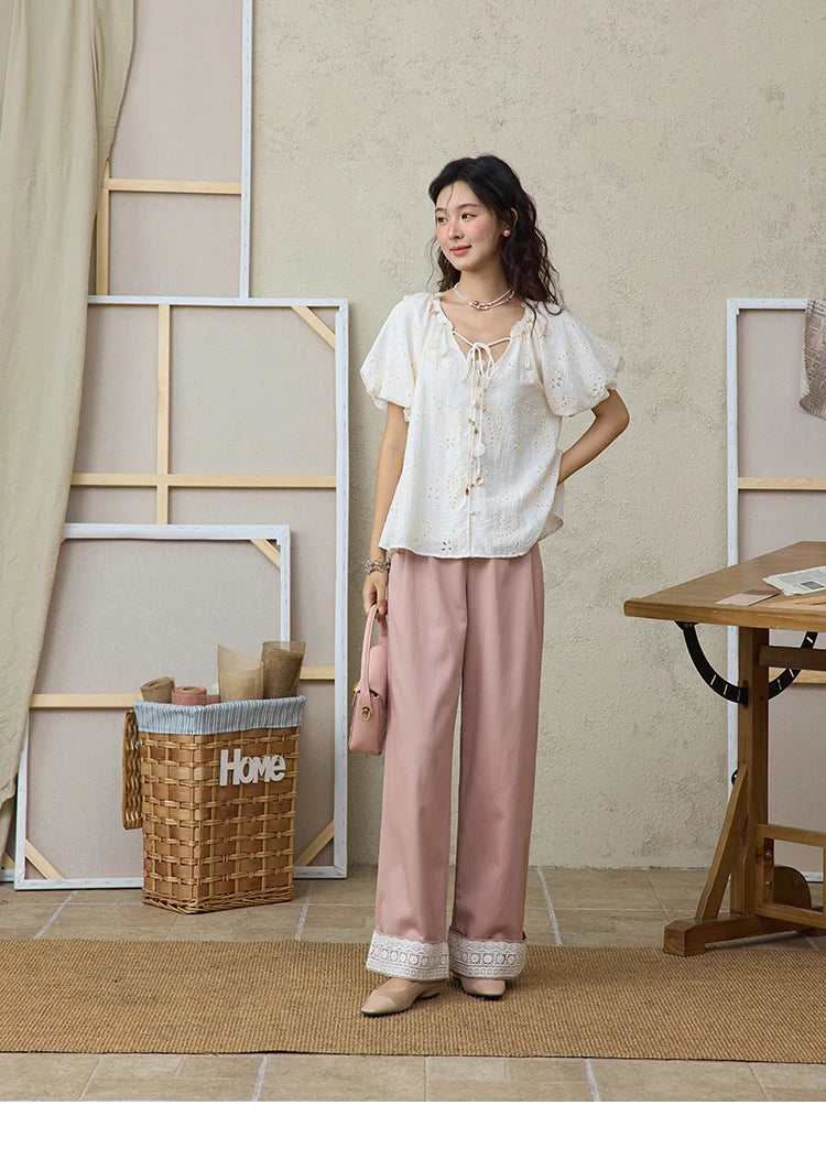 MISHOW Hem Lace Hollow Out Wide Leg Pants High Waist Pink MXE31K0900