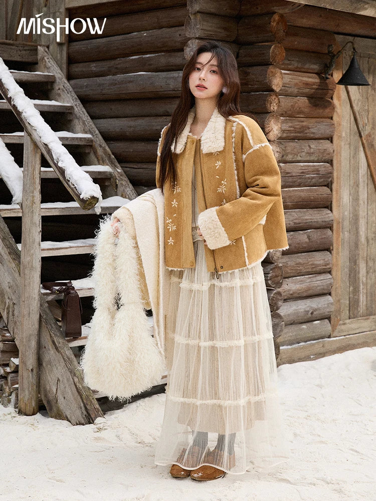 MISHOW Floral Embroidered Fur Jacket Plush Lapel Zipper MXE87W0918