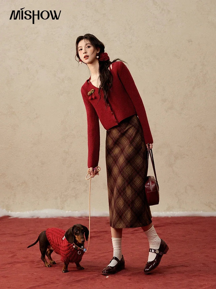 Mishow Red Cherry Ornament Slim V-Neck Cardigan MXD112Z1006