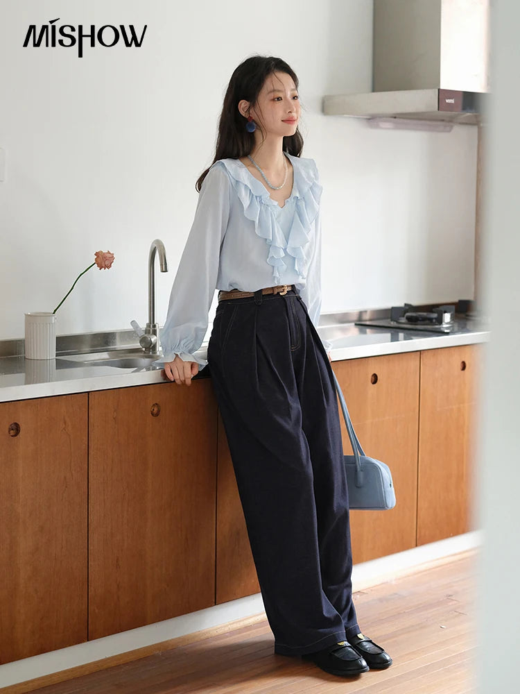 MISHOW Blue Lyocell Ruffled Shirt Flared Sleeves MXE41X1969