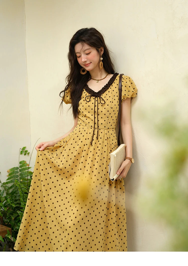 Mishow Polka Dot V-Neck Lace Up Puff Sleeve Dress MXE39L2326