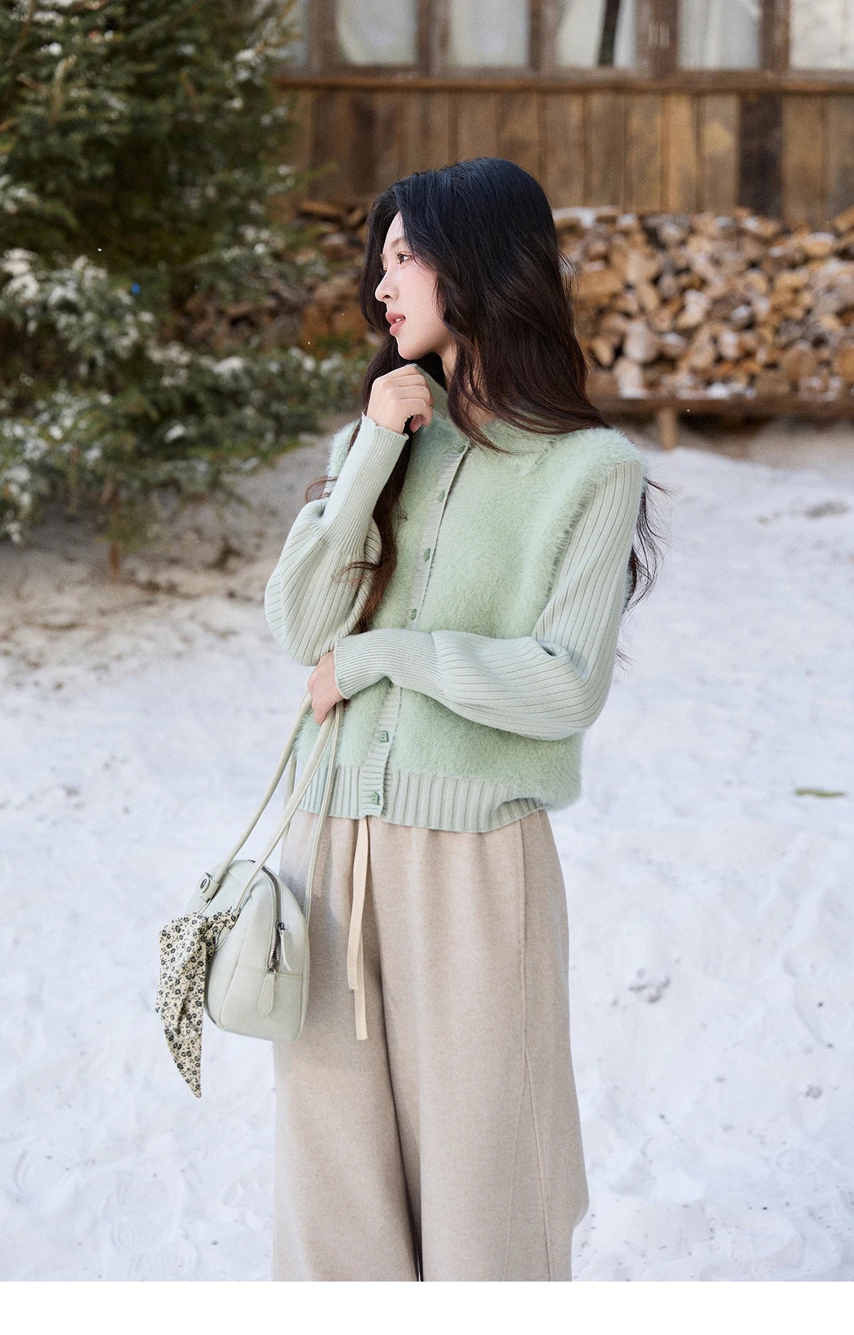 Mishow Green Faux Mink Fur Patchwork Lapel Cardigan MXE86Z2764