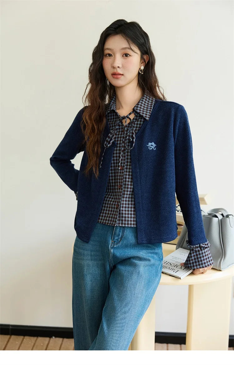 MISHOW Fake Two Knitted Sweater Plaid Splicing Flare Sleeve MXE45Z1401