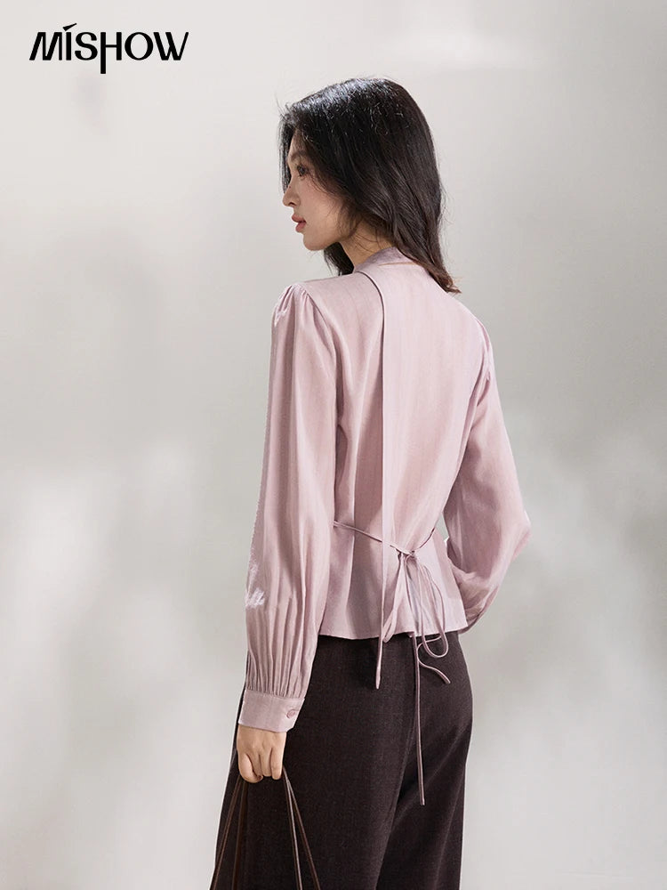MISHOW Women's Purple Ribbon V-Neck Ruffled Shirt MXF13X2527