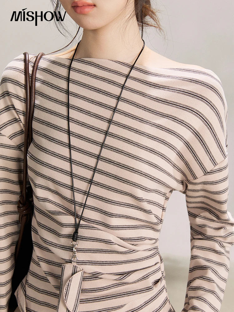 Mishow Striped Boat Neck T-Shirt with Necklace MXF13T1514