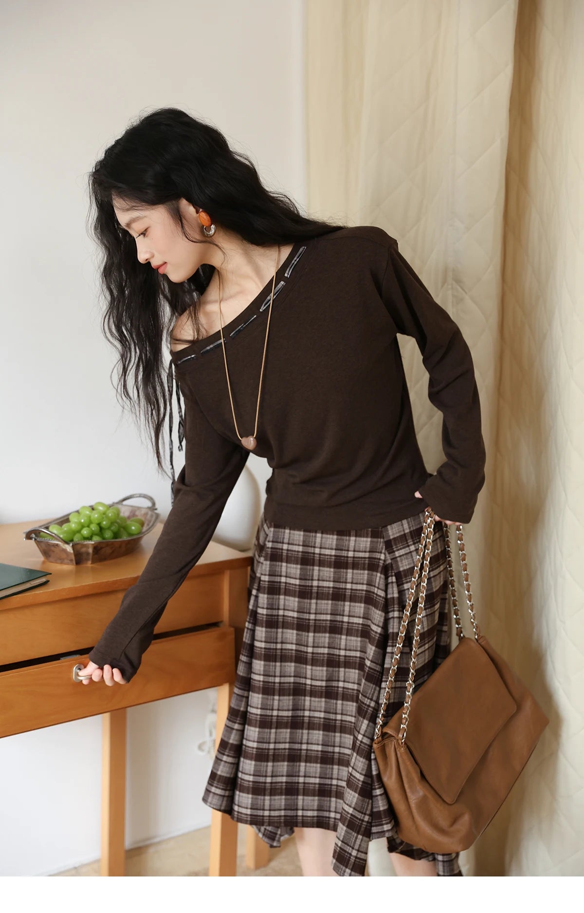 Mishow Slant Shoulder Dark Brown Strap Knit Top MXE45T1402