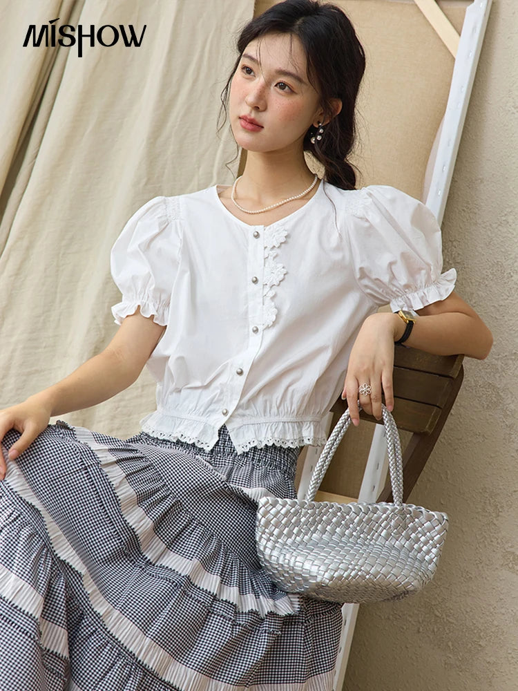 MISHOW Lace Puff Sleeve Shirt Flower Buttons Hem Elastic MXE34X1820
