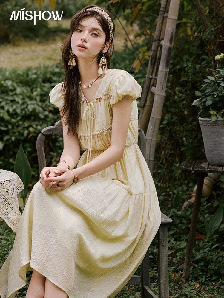 Mishow Solid V-Neck Puff Sleeve Shell Ribbon Dress MXE33L2193