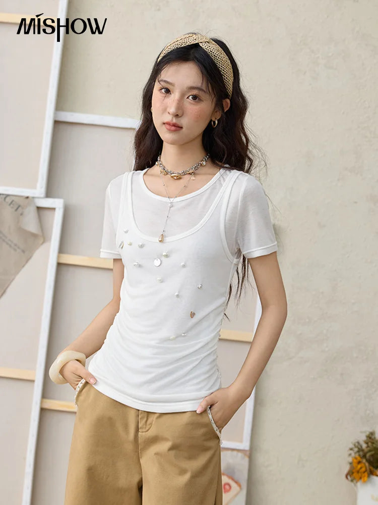 Mishow White Fake Two-Piece Bead Tee MXE35T0566