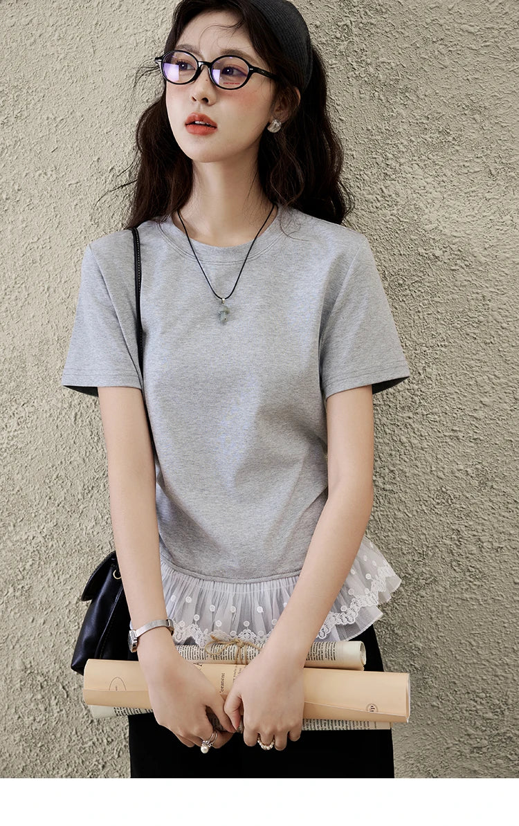 Mishow Lace Hem Splicing Round Neck Tee MXE31T0528