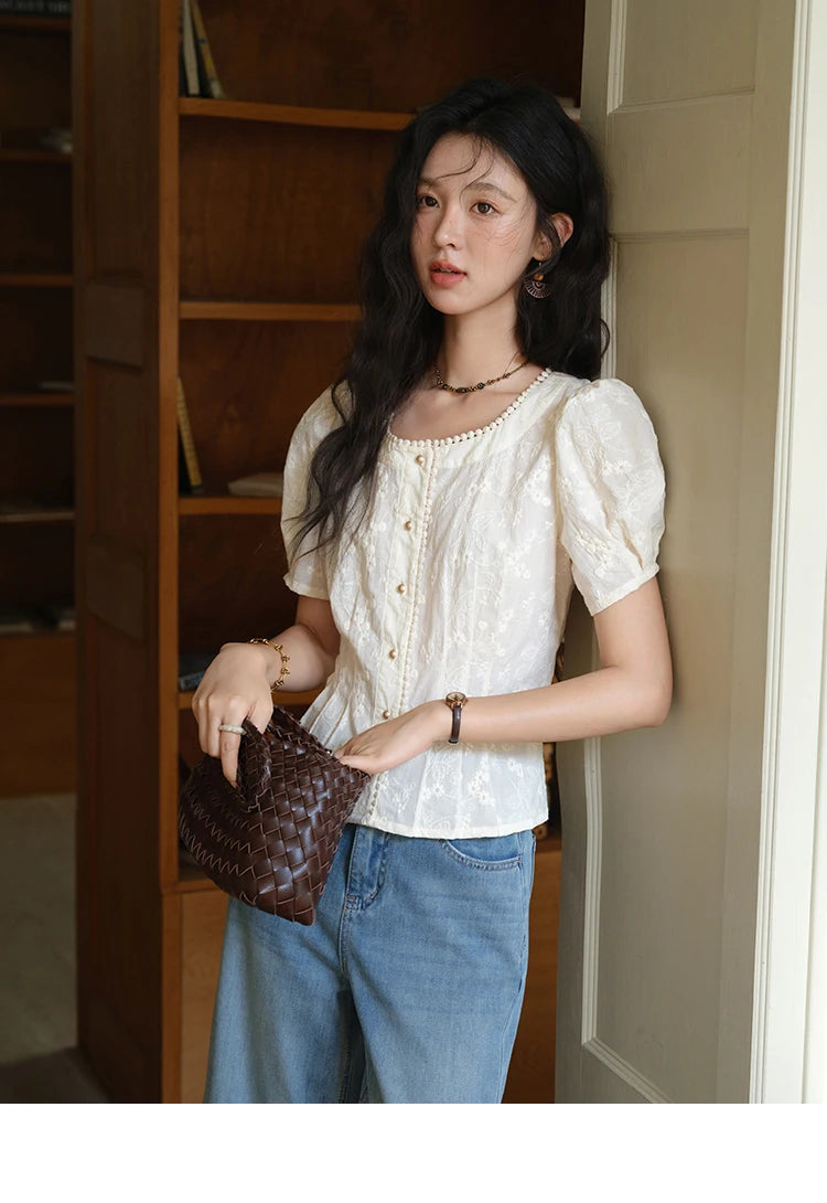 MISHOW Embroidery Cotton Shirt Puff Sleeve Button MXE39X1979