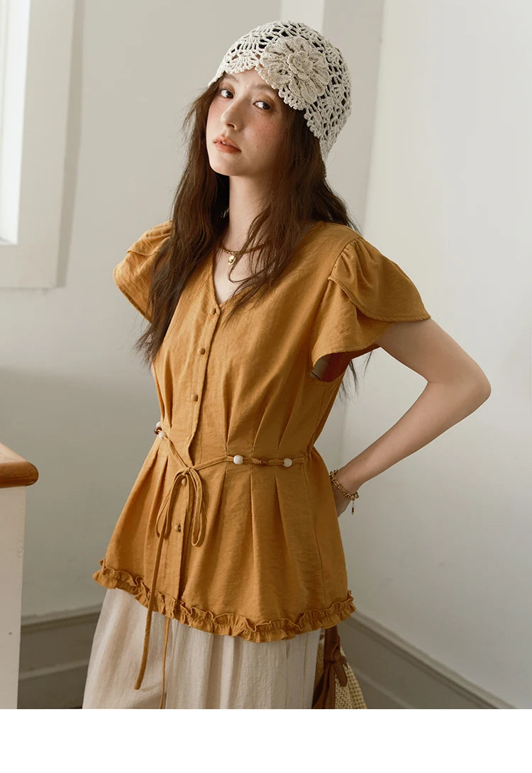MISHOW Petal Sleeve Slim Shirt V-Neck Bead Belt MXE39X1881